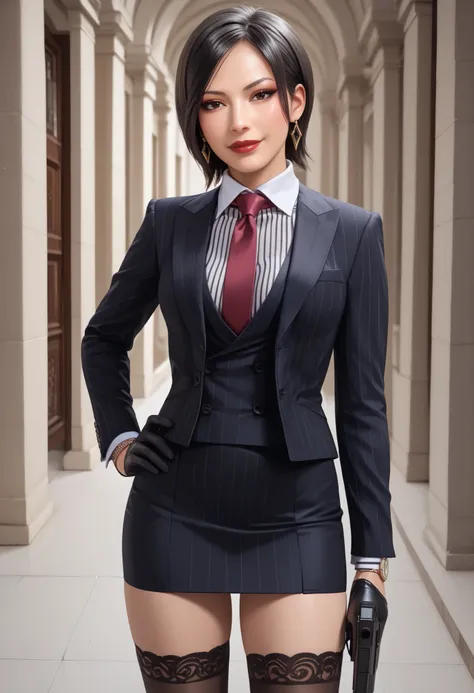 Ada Wong, RE4, asian facial features, almond-shaped eyes, bob cut hair, Black, straight hair, standing elegantly, elegant pose, rural spanish village, red lips, sexy pose, dynamic angle, three-piece suit , 1girl , jewelry , formal , earrings , suit , butto...