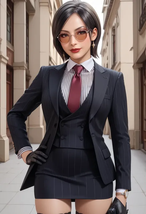 Ada Wong, RE4, asian facial features, almond-shaped eyes, bob cut hair, Black, straight hair, standing elegantly, elegant pose, rural spanish village, red lips, sexy pose, dynamic angle, three-piece suit , 1girl , jewelry , formal , earrings , suit , butto...