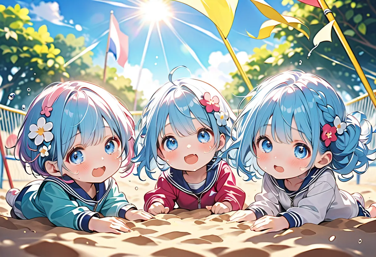 Highest Quality、high definition、Detailed Background、beautiful face in every detail、anatomically accurate、fine grain、(under a beautiful spring blue sky with dazzling sunlight filtering through the trees、running towards the flag with a beach flag at the playground３little girls are tangled up and almost fall over in front of the goal、((three s:1.5、lower elementary school:1.5))、((The three people lined up side by side and stretched their hands toward the audience to try to grab the flag、on the playground、Lying face down on the ground、you can see the back of your head、jumping in a super forward leaning position:1.5、full bodyを真っすぐに伸ばす))、(speedline:1.5、motion blur:1.5、Dynamic Pose:1.5、dynamic angle:1.5、The foreground is a beach flag stuck in the sand:1.5、The foreground is blurry、POV))、((Taken diagonally from the front side、full body、focus on the face:1.5)),　in their 40s　((Stray hair:1.5))、((Each has pink, pink, and blue hair color:1.5、The three are about the same height and build))、((super detailed facial depiction :1.uper detailed depiction of eyes:1.5))、(big, beautiful, clear blue eyes)、  long, rich eyelashes 、I can see her plump lips、pink lips、braided twin tail、in their 40s　(cute white short-sleeved gym clothes with lines on the collar and sleeves、Cute hair accessories、Cute sneakers:1.5)、((bothered expression:1.5、I open my mouth wide and scream、almost crying:1.5、watery eyes:1.5))、Pale Light