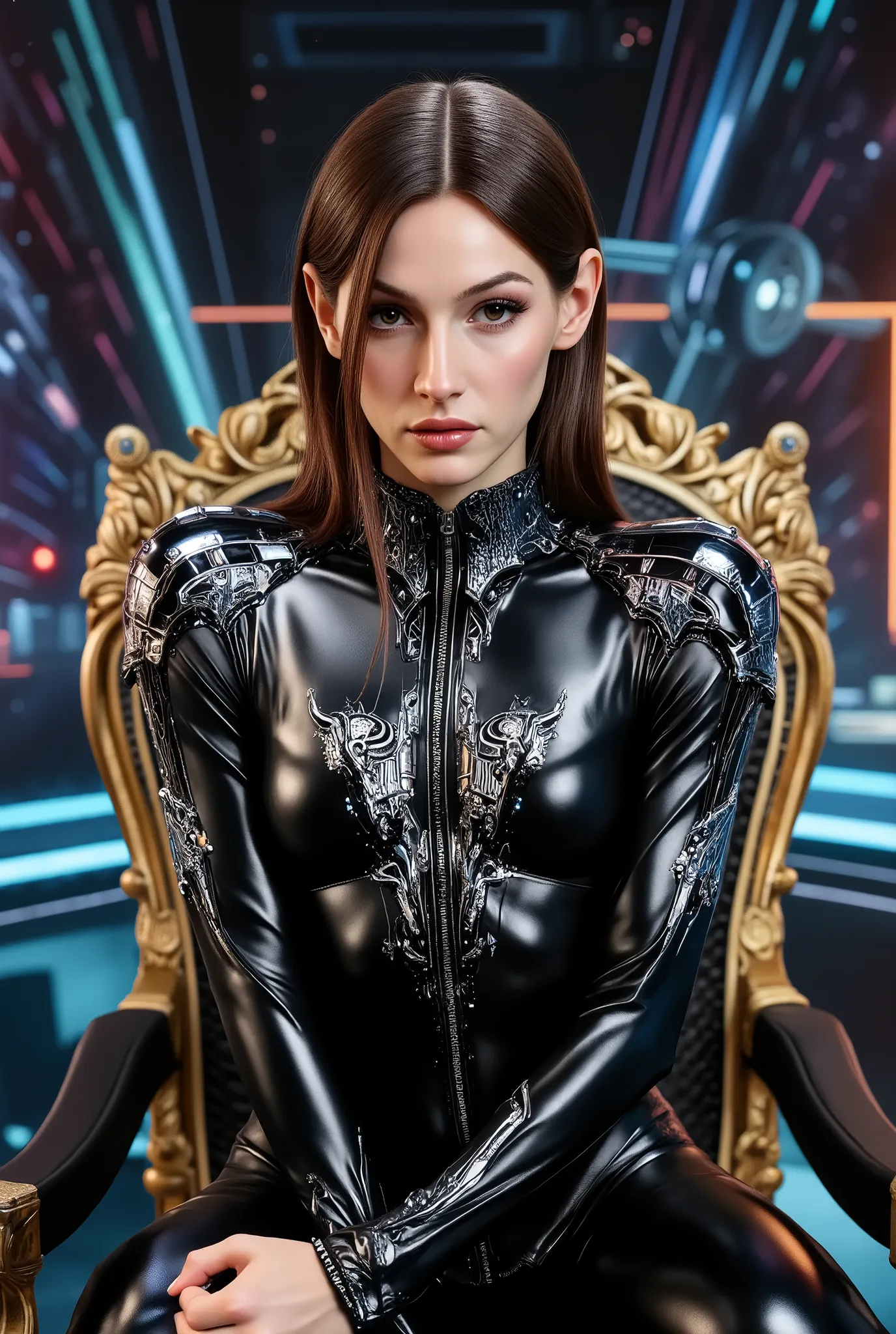 arafed woman in a leather suit sitting in a chair, dominatrix robot, powerful woman sitting in space, cyber suit, goth cybersuit, cybersuit, diverse cybersuits, cybersuits, cyberpunk glossy latex suit, dominatrix assassin robot, futuristic glossy latex sui...