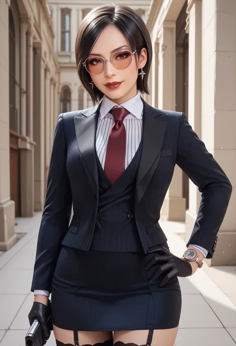 Ada Wong, RE4, asian facial features, almond-shaped eyes, bob cut hair, Black, straight hair, standing elegantly, elegant pose, rural spanish village, red lips, sexy pose, dynamic angle, three-piece suit , 1girl , jewelry , formal , earrings , suit , butto...