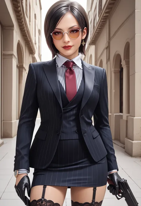 Ada Wong, RE4, asian facial features, almond-shaped eyes, bob cut hair, Black, straight hair, standing elegantly, elegant pose, rural spanish village, red lips, sexy pose, dynamic angle, three-piece suit , 1girl , jewelry , formal , earrings , suit , butto...