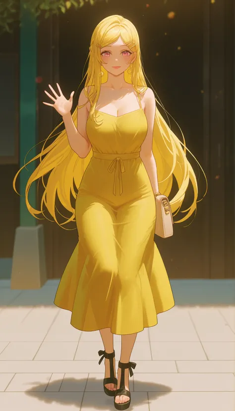 A mature beautiful woman with blond hair, extremely fair white natural skin, big pink eyes, red plump glossy lips, a small waist, medium-sized breasts, and a perfect slim yet curvy body. She's only wearing a long ankle-length deep-yellow dress with spaghet...