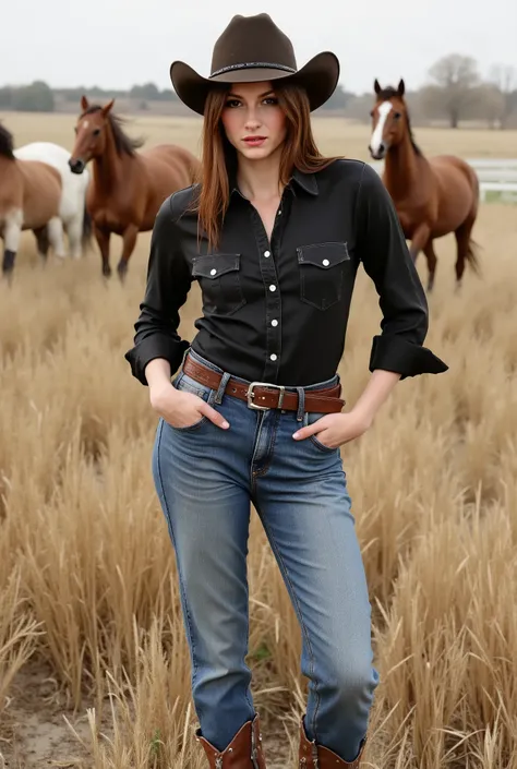 cowgirl wearing a black leather western shirt, brunette hair, blue jeans and a hat standing in a rye field with horses galloping in the background