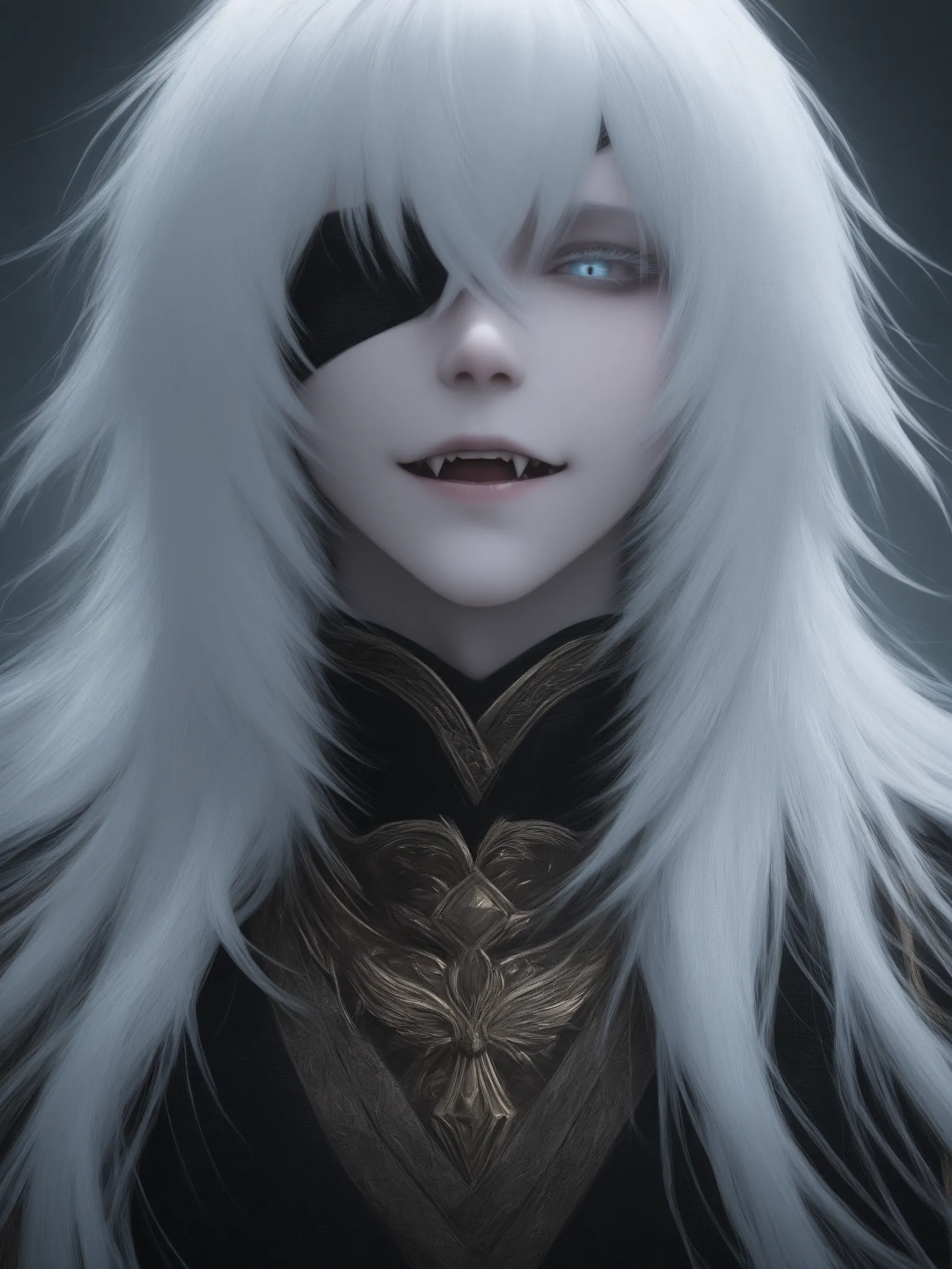 Male. White Hair with Eye-covering Bangs. Crimson Irises. Fangs. Pale White Skin. Black & Gold Noble Garments. Cold Expression.