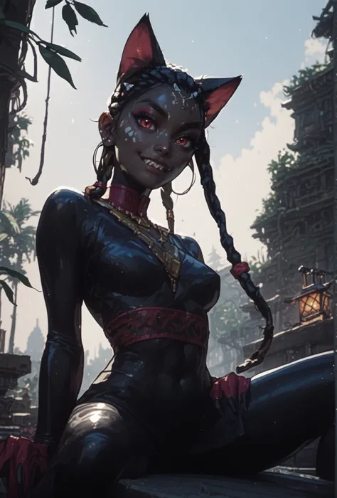 Slender body. Shiny black skin. Cute 18-year-old Asian cat-girl with Asian red eyes and sharp teeth and dreadlocks with white highlights. Cute Panther-girl. She has a cute and beautiful face. She has a round and young face with a pointy chin. Her body is a...