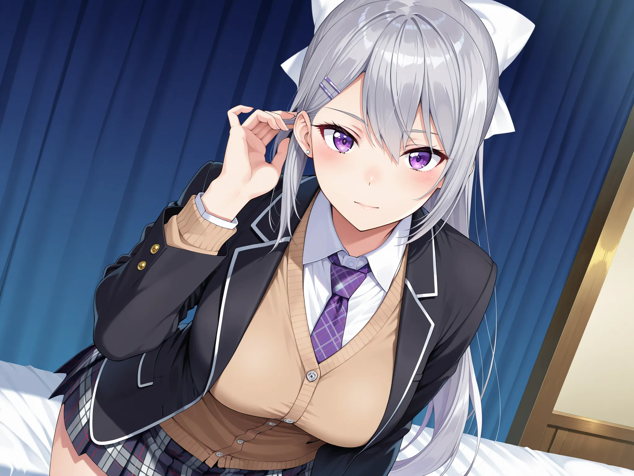 solo,masterpiece,best quality, amazing quality, highres, absurdres, very aesthetic, high resolution, ultra detailed, perfect details,nijikaede,purple eye,grey hair,long eyelashes,long hair,ponytail,white bow,hair pin,nijikaedecos,white shirt,purple necktie...