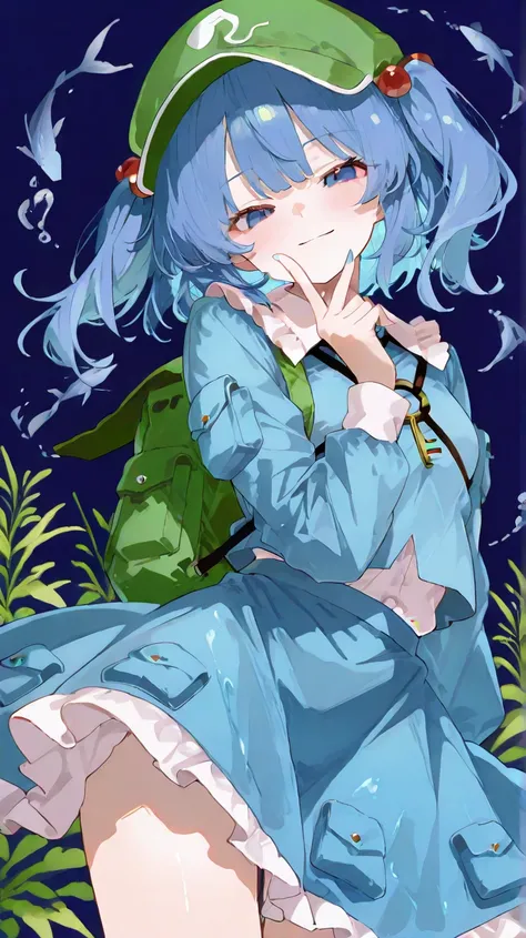 masterpiece、Highest Quality、high definition 、newest 、Touhou Project,Nitori,河城Nitori、Hair Dances in the Wind 、  dynamic perspective、smile、Composition centered around a girl's face、She's Looking at You、Finger Heart、model pose、dark blue background with detailed aquatic plants and fish designs、