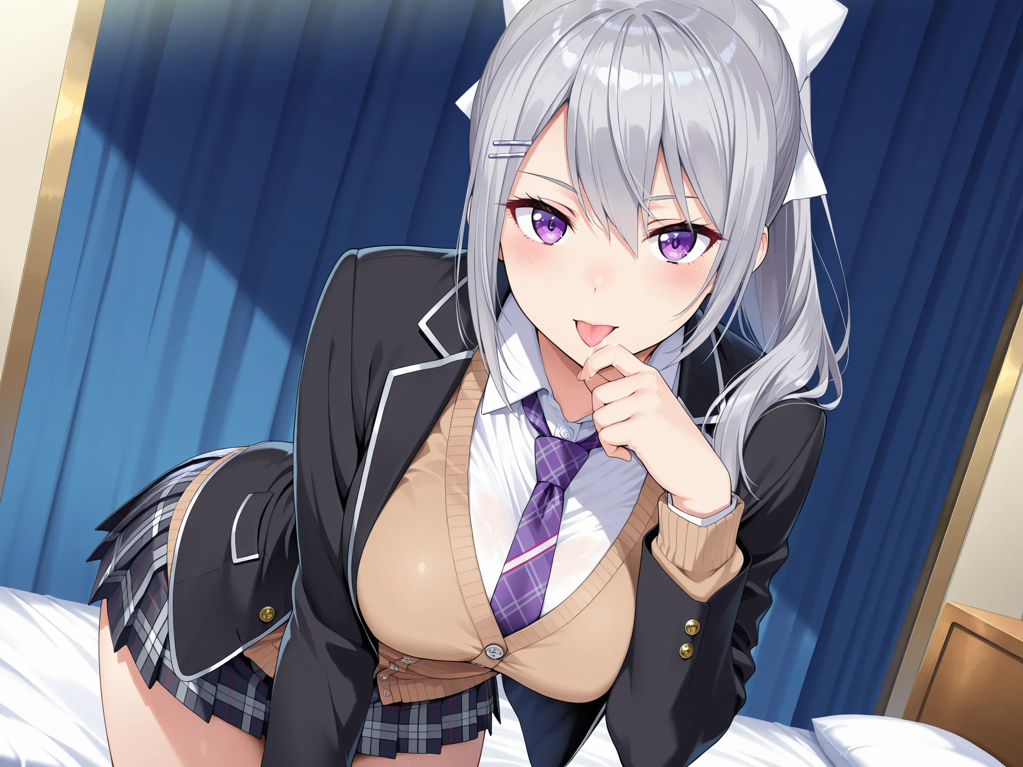 solo,masterpiece,best quality, amazing quality, highres, absurdres, very aesthetic, high resolution, ultra detailed, perfect details,nijikaede,purple eye,grey hair,long eyelashes,long hair,ponytail,white bow,hair pin,nijikaedecos,white shirt,purple necktie...