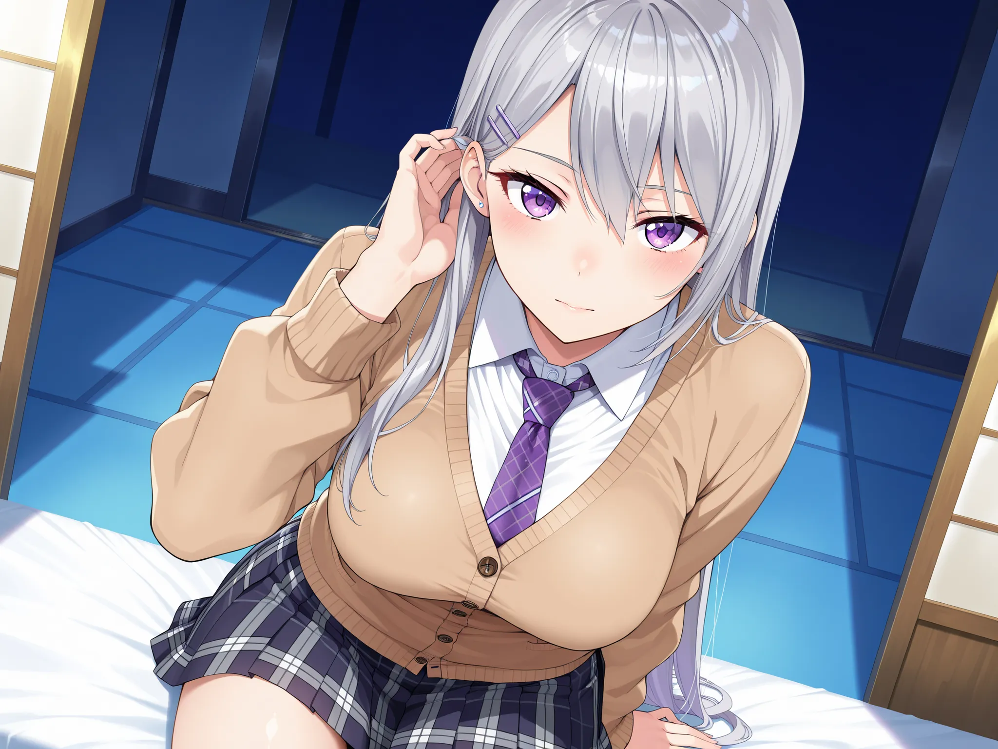 solo,masterpiece,best quality, amazing quality, highres, absurdres, very aesthetic, high resolution, ultra detailed, perfect details,nijikaede,purple eye,grey hair,long eyelashes,long hair,hair pin,nijikaedecos,white shirt,purple necktie,plaid necktie,brow...