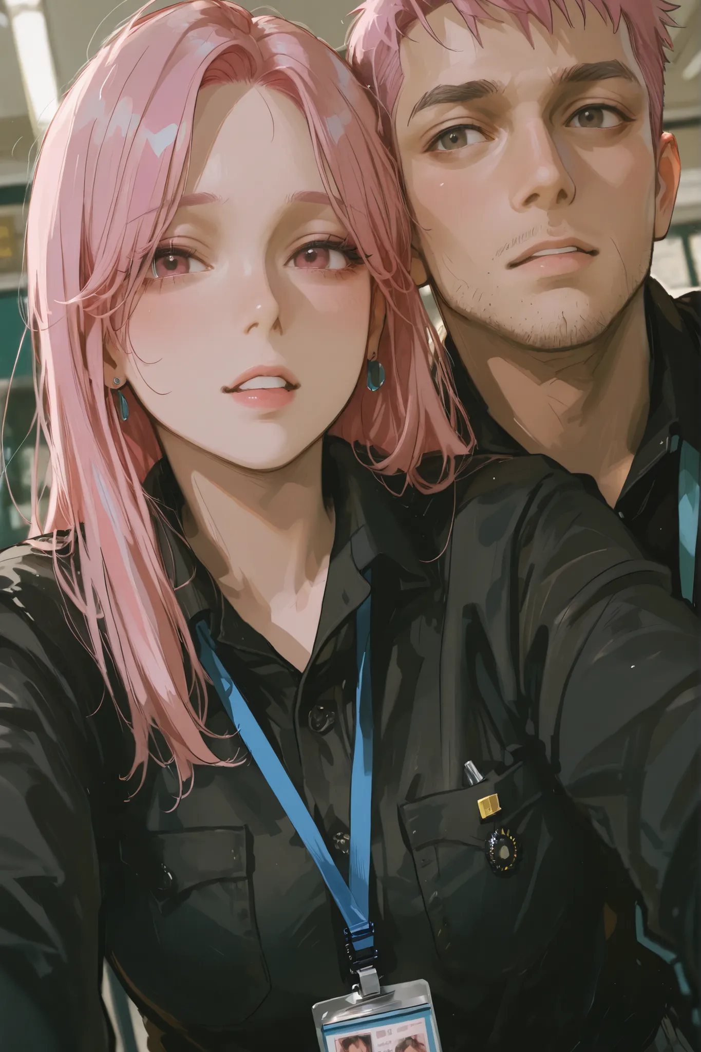 Two individuals are seen in the image wearing matching black attire, each adorned with a vibrant blue lanyard and identification badge. Both individuals have striking pink hair, styled in a way that complements their overall appearance. The lighting sugges...