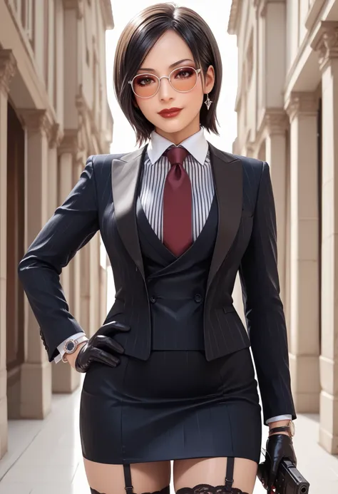 Ada Wong, RE4, asian facial features, almond-shaped eyes, bob cut hair, Black, straight hair, standing elegantly, elegant pose, rural spanish village, red lips, sexy pose, dynamic angle, three-piece suit , 1girl , jewelry , formal , earrings , suit , butto...