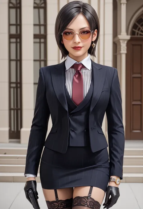 Ada Wong, RE4, asian facial features, almond-shaped eyes, bob cut hair, Black, straight hair, standing elegantly, elegant pose, rural spanish village, red lips, sexy pose, dynamic angle, three-piece suit , 1girl , jewelry , formal , earrings , suit , butto...