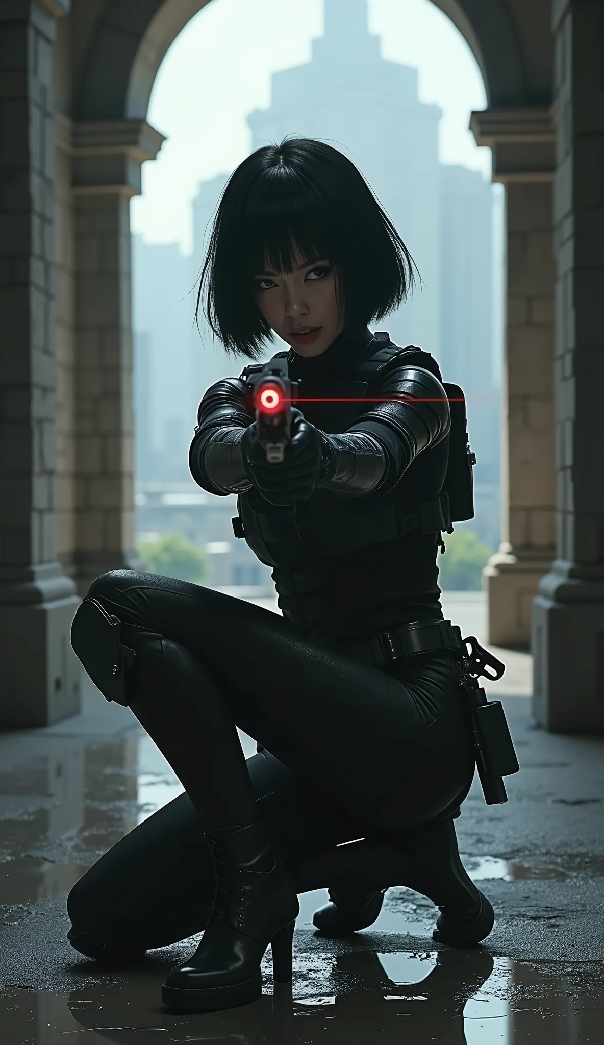 (masterpiece,Exceptional Quality,Mirror-like,cinematic experience,insanely detailed,Absard Dress),8k,wallpaper,,(best illustrations:2.0),(One person girl:2.0),(Motoko Kusanagi:2.0),(Ghost in the Shell world view:2.0),(Please point the red laser pointer on ...