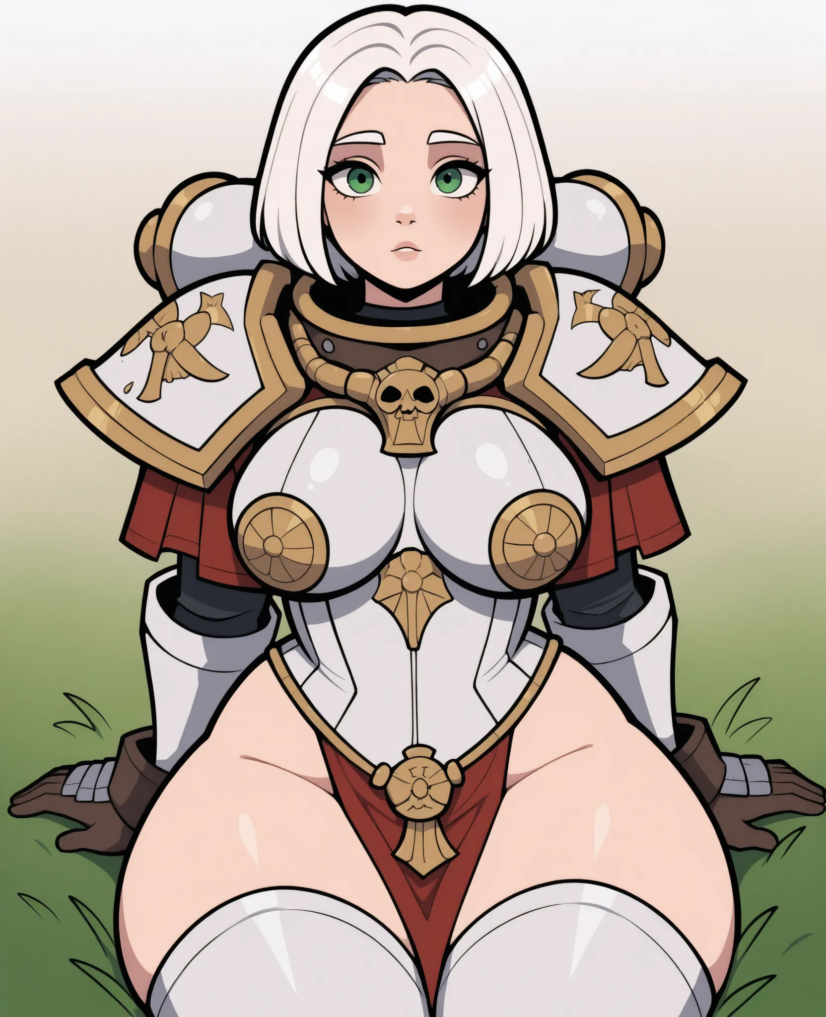 Beautiful girl, medium white hair, lush breasts, thick hips, adepta sororitas armour, loincloth, correct anatomy, laughs sweetly,lies on the grass, (yellow armor elements), (white armor.)