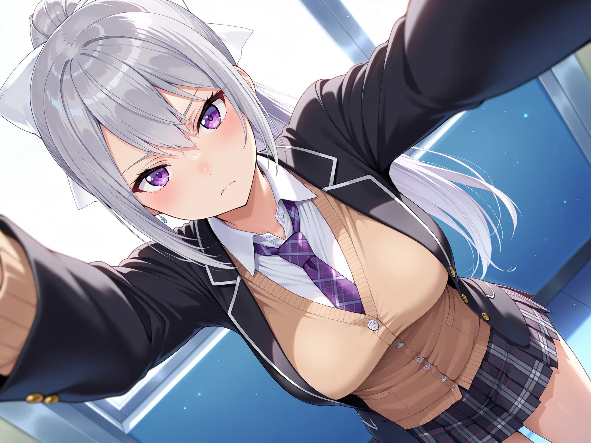 solo,masterpiece,best quality, amazing quality, highres, absurdres, very aesthetic, high resolution, ultra detailed, perfect details,nijikaede,purple eye,grey hair,long eyelashes,long hair,ponytail,white bow,hair pin,nijikaedecos,white shirt,purple necktie...