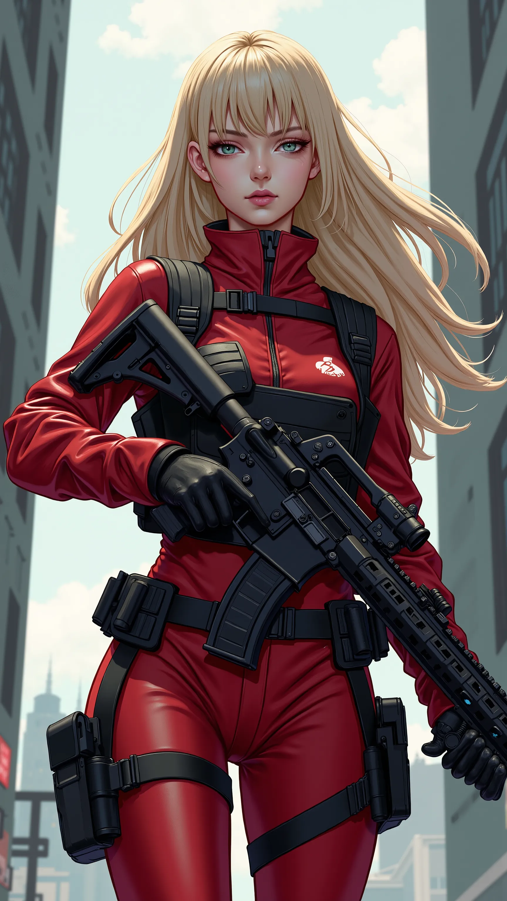 (masterpiece、  exceptional quality  、 Like a mirror 、  cinematic experience  、 insanely detailed、 No sword)、8k、wallpaper、 (BEST ILLUSTRATION:2.0)、 (one girl:2.0)(  Ghost in the Shell worldview:2.0)、 Gunfight、 (Point the red laser pointer at the white tactical bodysuit:2.0)、 (heavy red bulletproof vest:2.0)、 (black gloves:2.0)、 (long blond hair:2.0)、 (Face Details )、 (Female Hand Drawn Detail:2.0)、 (M-16 Facing:2.0)、 (The background is Tokyo with science and technology)Phenomenon :2.0)、 M-16 Shoot While Falling from an Assault Rifle Building、(Something with a laser pointer attached under the muzzle of an M-16 Assault Rifle:2.0)、(M-16 Assault Rifle Shooting:2.0)full body highdefinition picture。