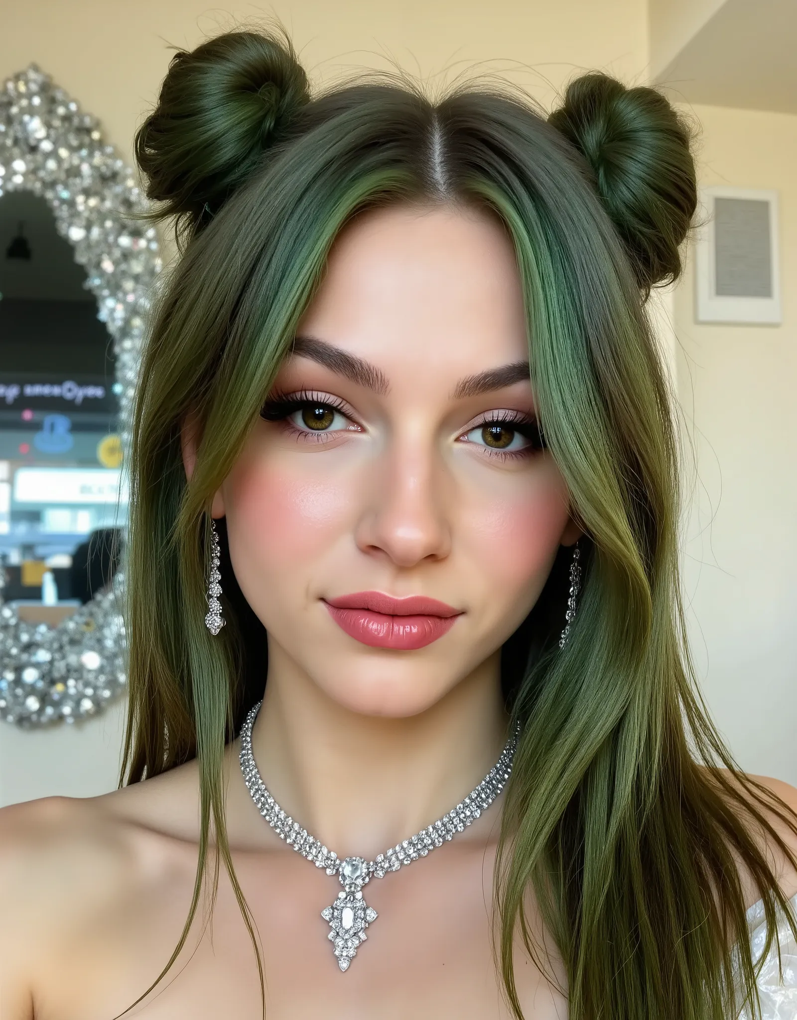 outrageously long and voluminous lash extensions. beautiful girl. long green hair. the hair is gathered in two buns. she smile, bright makeup, doll face, a diamond choker around her neck. long diamond earrings