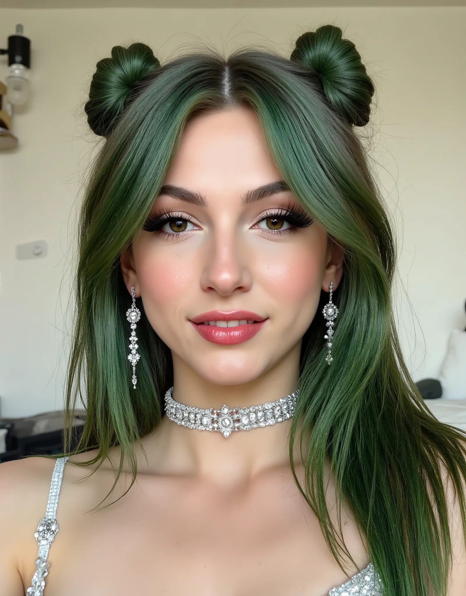 outrageously long and voluminous lash extensions. beautiful girl. long green hair. the hair is gathered in two buns. she smile, bright makeup, doll face, a diamond choker around her neck. long diamond earrings