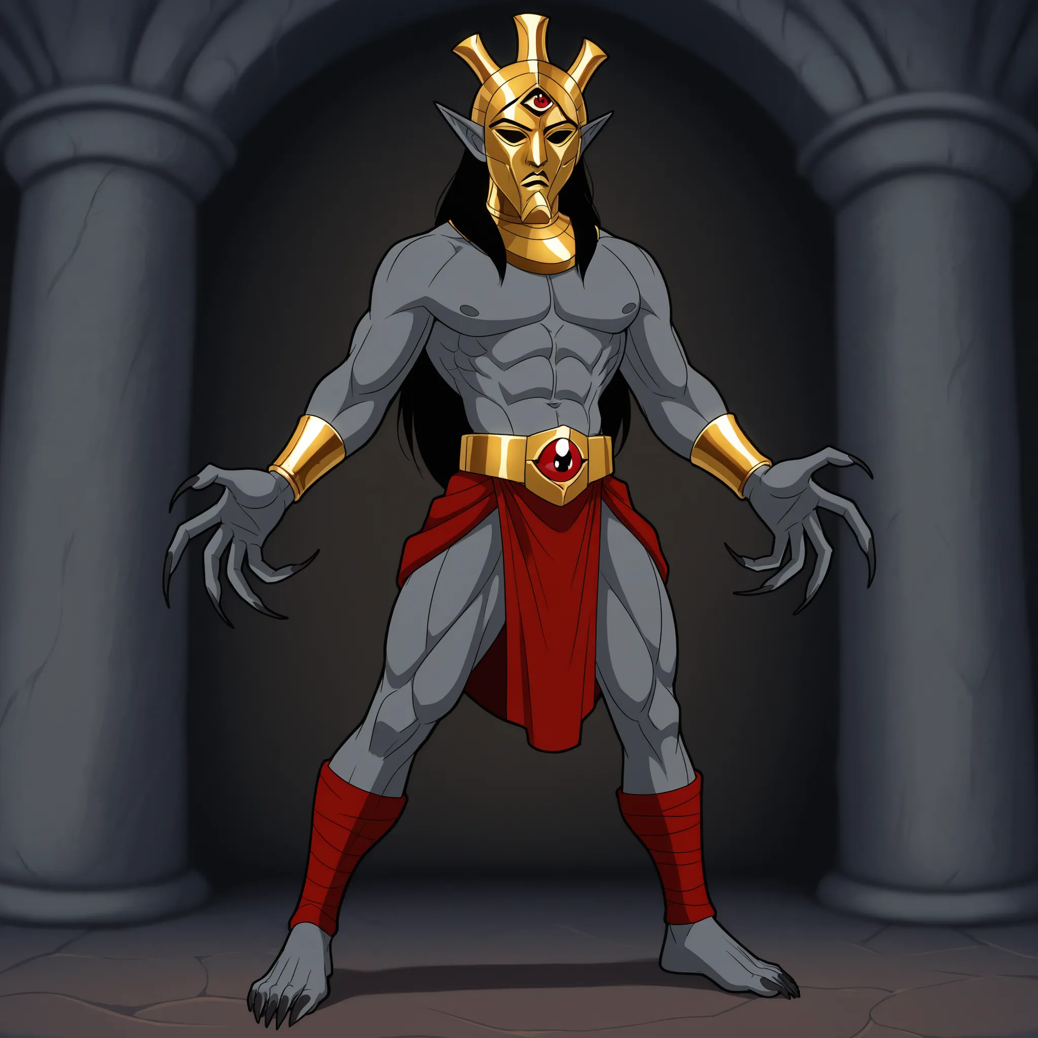masterpiece,best quality,DisneyClassics disney DagothUr_TES3, grey skin, colored skin, gold mask, mask, third eye, gorget, gold gorget,
topless male, muscular, abs, belt, loincloth, bracer, long fingers, long fingernails, sharp fingernails, ankle wrap, bar...