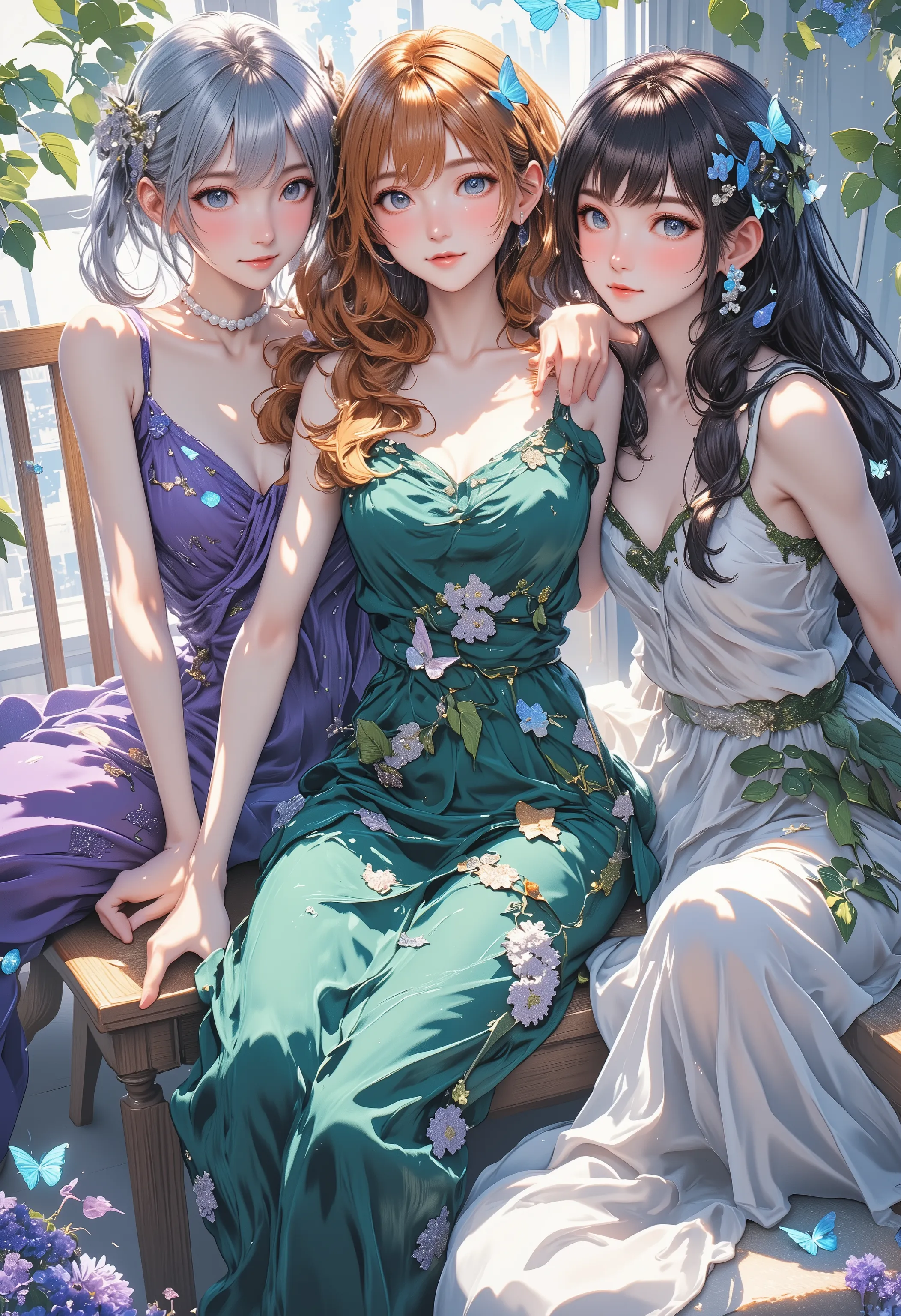 Three distinct girls in triangular composition, left: silver-haired maiden with pearl hairchain in plum silk dress, chair vines blooming sapphire buds; center: auburn curls cascading over emerald velvet gown leaning on windowsill, translucent butterfly per...