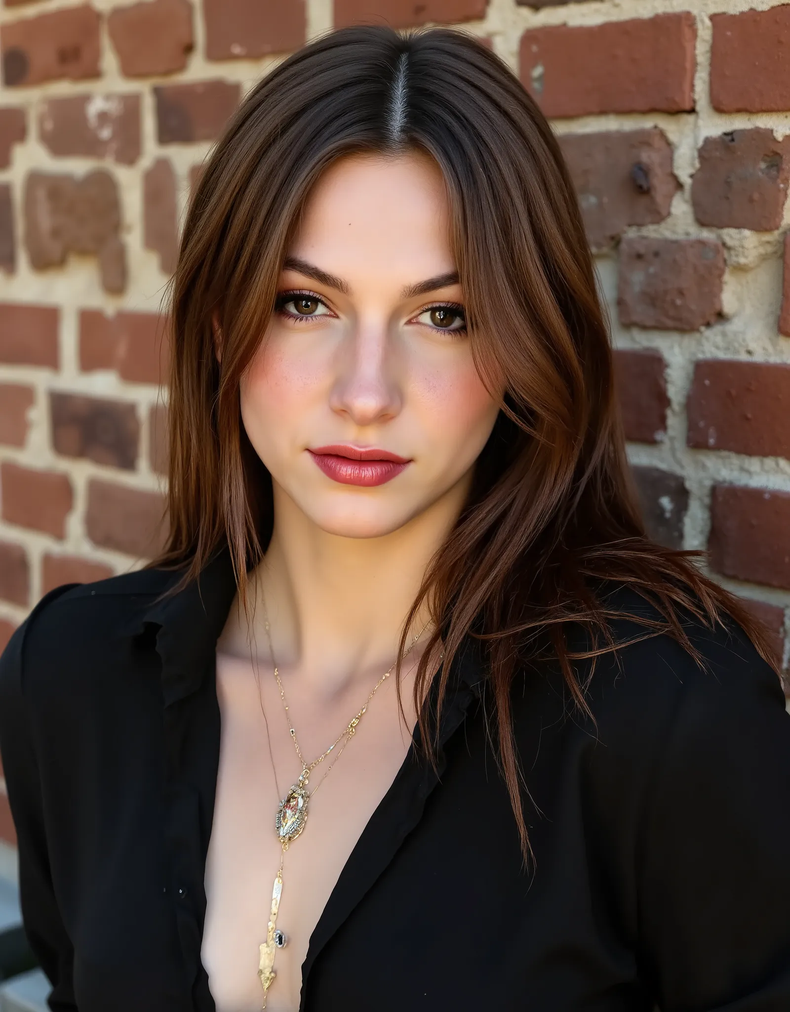 woman,against wall,brick wall,jewelry,lips,long hair,looking at viewer,necklace,pendant,photorealistic,realistic,black dress,black shirt,upper body,wall,daylight, sunshine