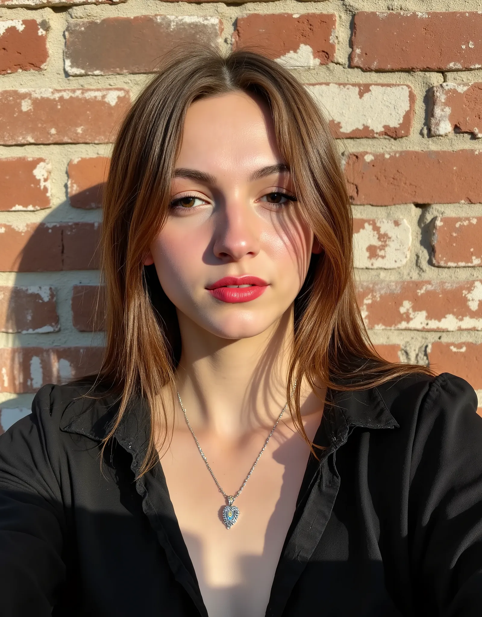 woman,against wall,brick wall,jewelry,lips,long hair,looking at viewer,necklace,pendant,photorealistic,realistic,black dress,black shirt,upper body,wall,daylight, sunshine