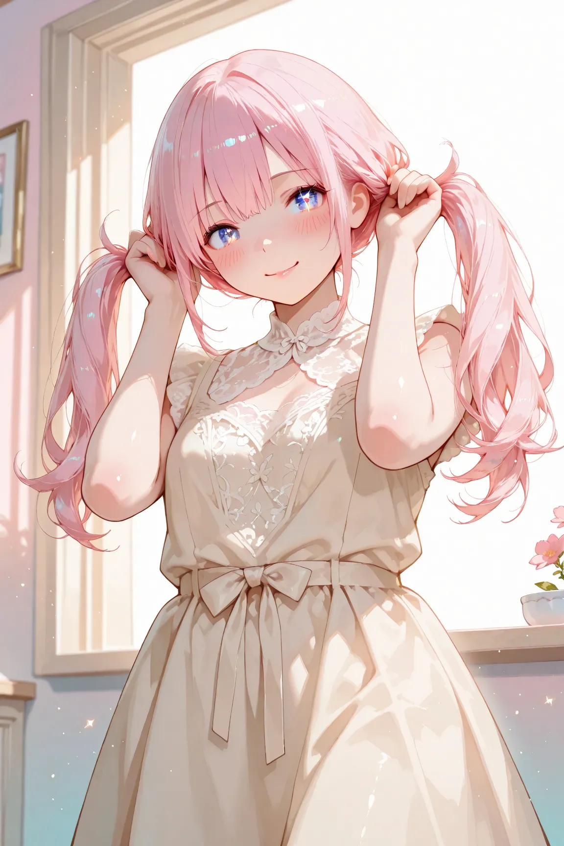 1girl, hands up, (bunching hair:1.2), silky delicate hair, soft fluffy hair texture, slightly tousled, cute expression, gentle smile, soft blush, sparkling eyes, glossy lips, subtle eyeliner, round cheeks, natural skin tone, relaxed pose, solo, soft gradient background, pastel color palette, dreamy ambiance, blurred light particles, soft glow, warm tone environment, subtle vignette, BREAK, eye level, cowboy shot, softly centered framing, elegant posture, BREAK,(kawaii anime-style semi-real:1.4), soft cel-shading with painterly blend, anime eyes with semi-realistic rendering, glossy highlights, soft rim lighting, depth of field, delicate skin detail, volumetric softness, pastel lighting, HDR tone mapping, clean color balance, digital painting, (masterpiece:1.2), high detail, ultra-detailed, best quality, highres, UHD, 4k, newest
