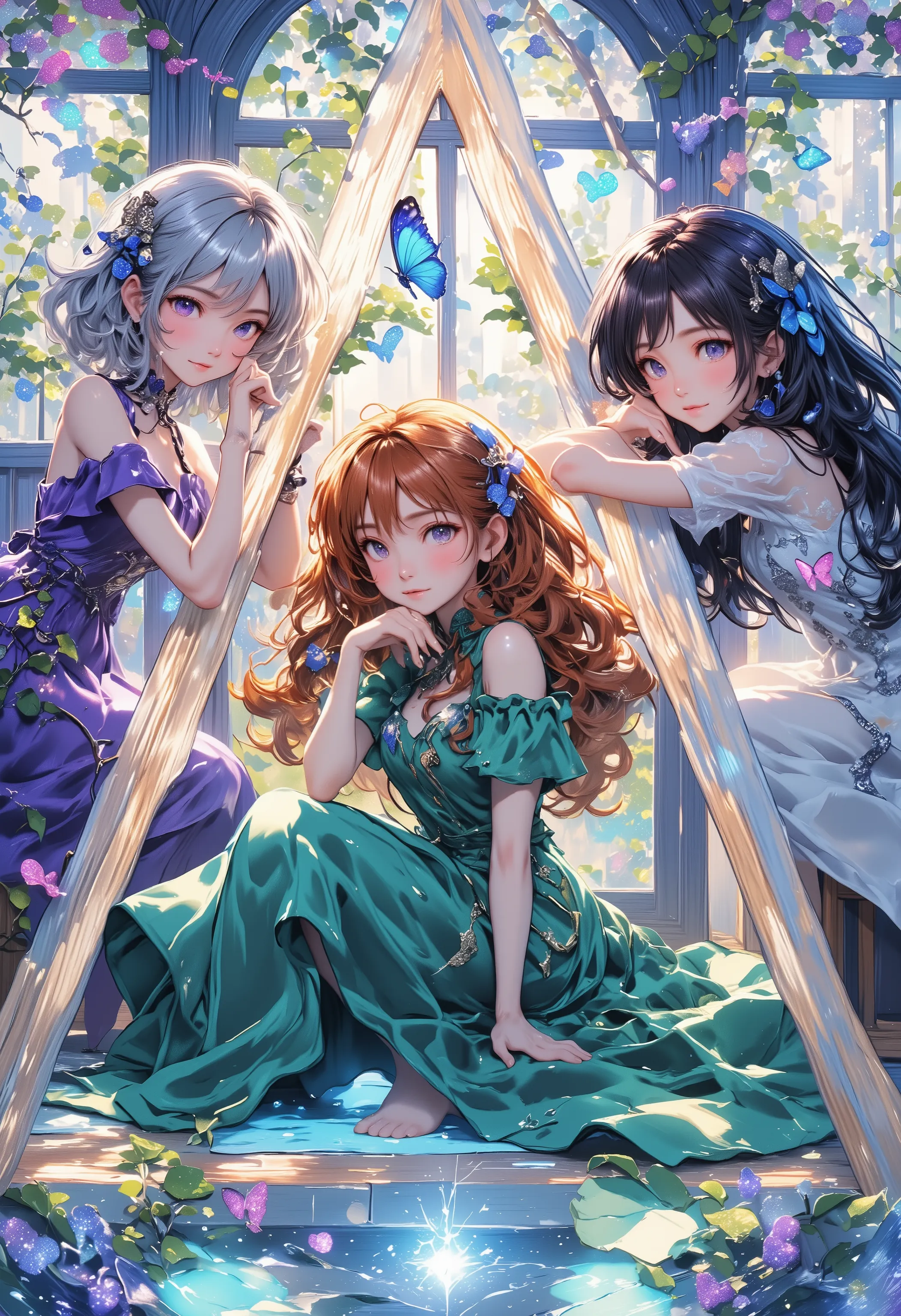 Three distinct girls in triangular composition, left: silver-haired maiden with pearl hairchain in plum silk dress, chair vines blooming sapphire buds; center: auburn curls cascading over emerald velvet gown leaning on windowsill, translucent butterfly per...