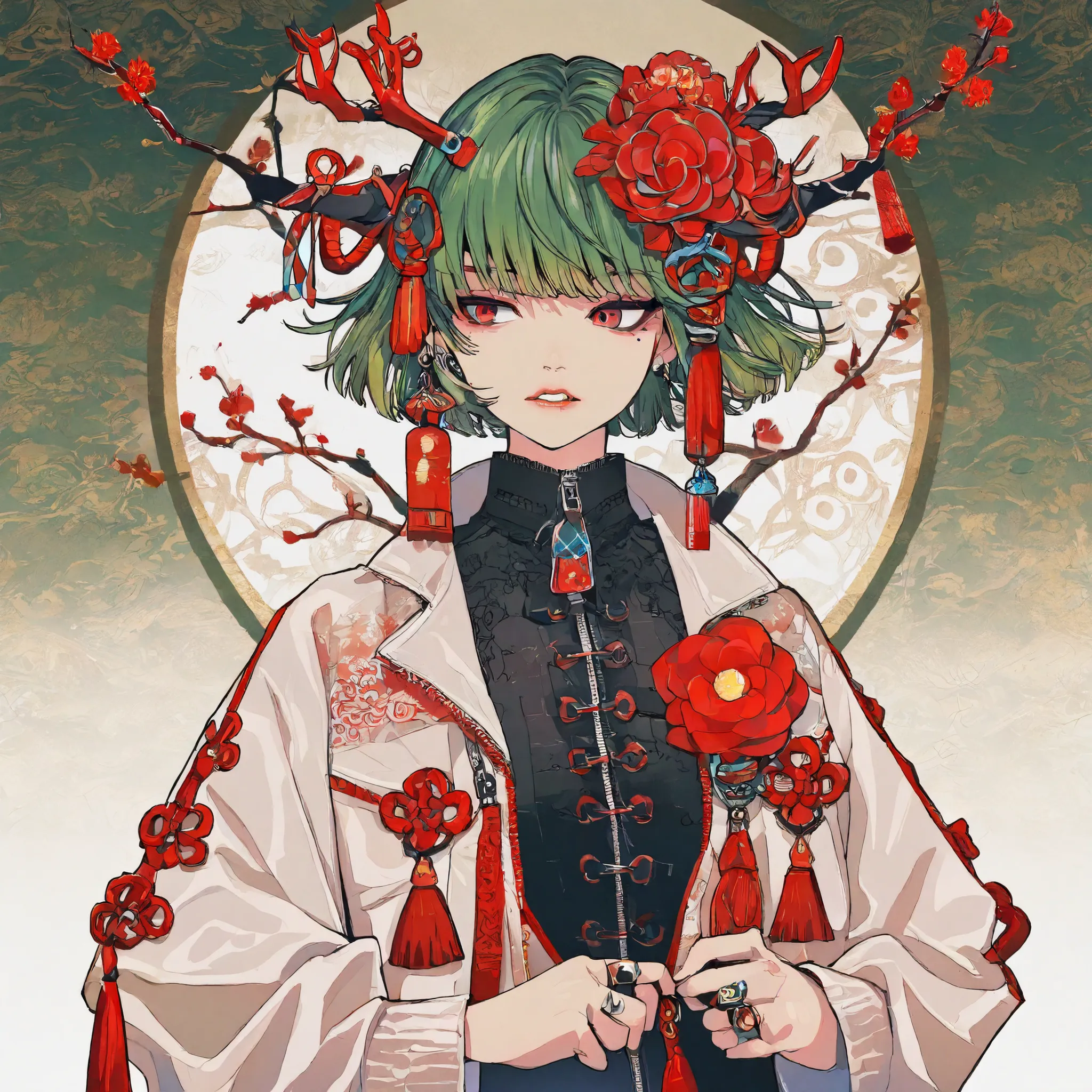 masterpiece, newest,Absard Dress, incredibly Absard Dress,4ki4ne _illustrations, Shade ,  abstract background,  abstract,written depth, solo, gem, green hair, red eyes, ring, short hair, flower, horn, hair ornament, earrings, antlers, Hair Flower, branch, ...