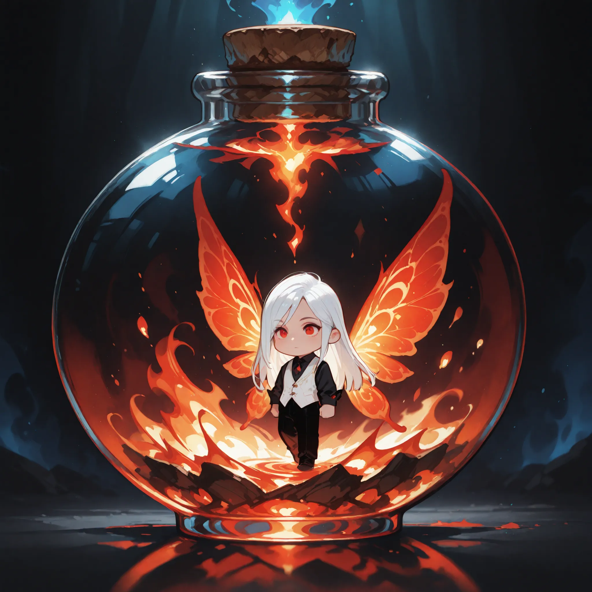 (masterpiece, high quality), newest, chibi, solo, 1 boy, close-up, soft lighting, magical, fantasy,
male fairy, master of the fire, floating inside a transparent round glass bottle with cork, glowing liquid inside, fairy in a bottle
colorful spread wings, ...