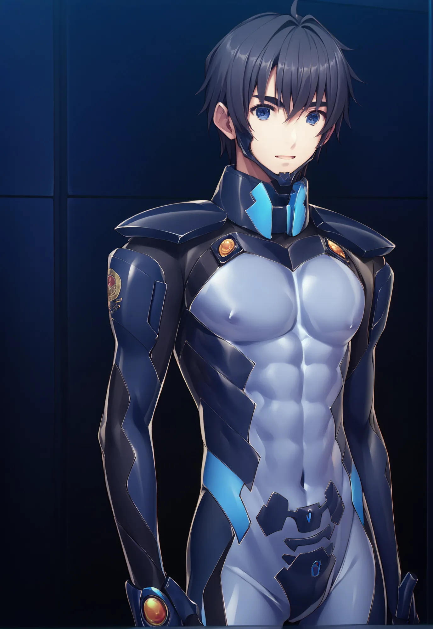 anime-style male character、 tight suit、Male body line、man with dark hair and blue eyes similar to Kirito、Wearing an undersuit、Interior background、High Quality、realistic、4K Realistic 3D Rendering、vivid color、professional texture、extreme detail