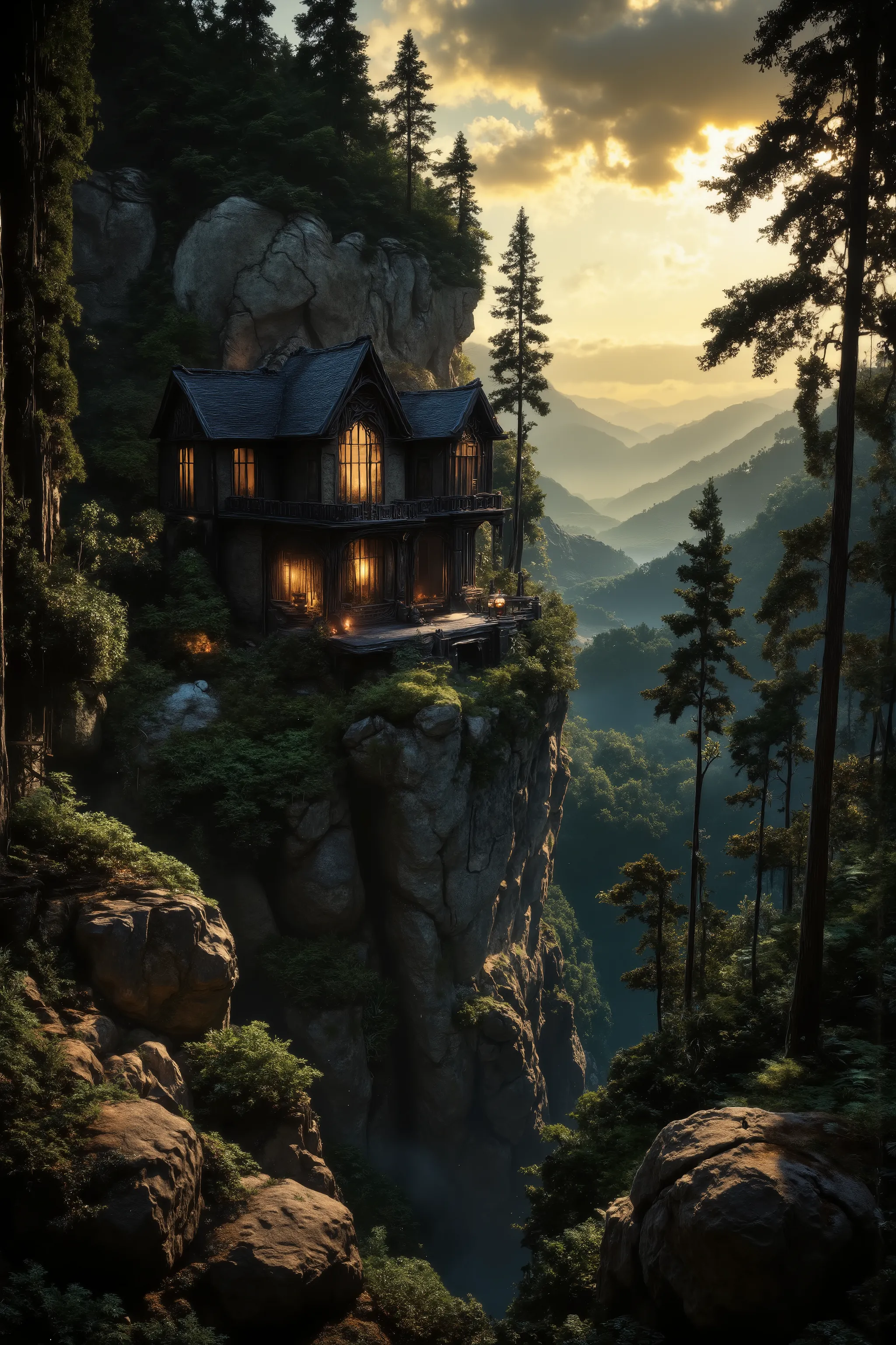A grounded, gothic-modern mansion built into a steep wooded ridge, inspired by Bruce Wayne’s iconic manor. The architecture combines dark stone, minimalistic glass walls, and iron details. The structure is integrated into a mossy cliff, surrounded by tower...