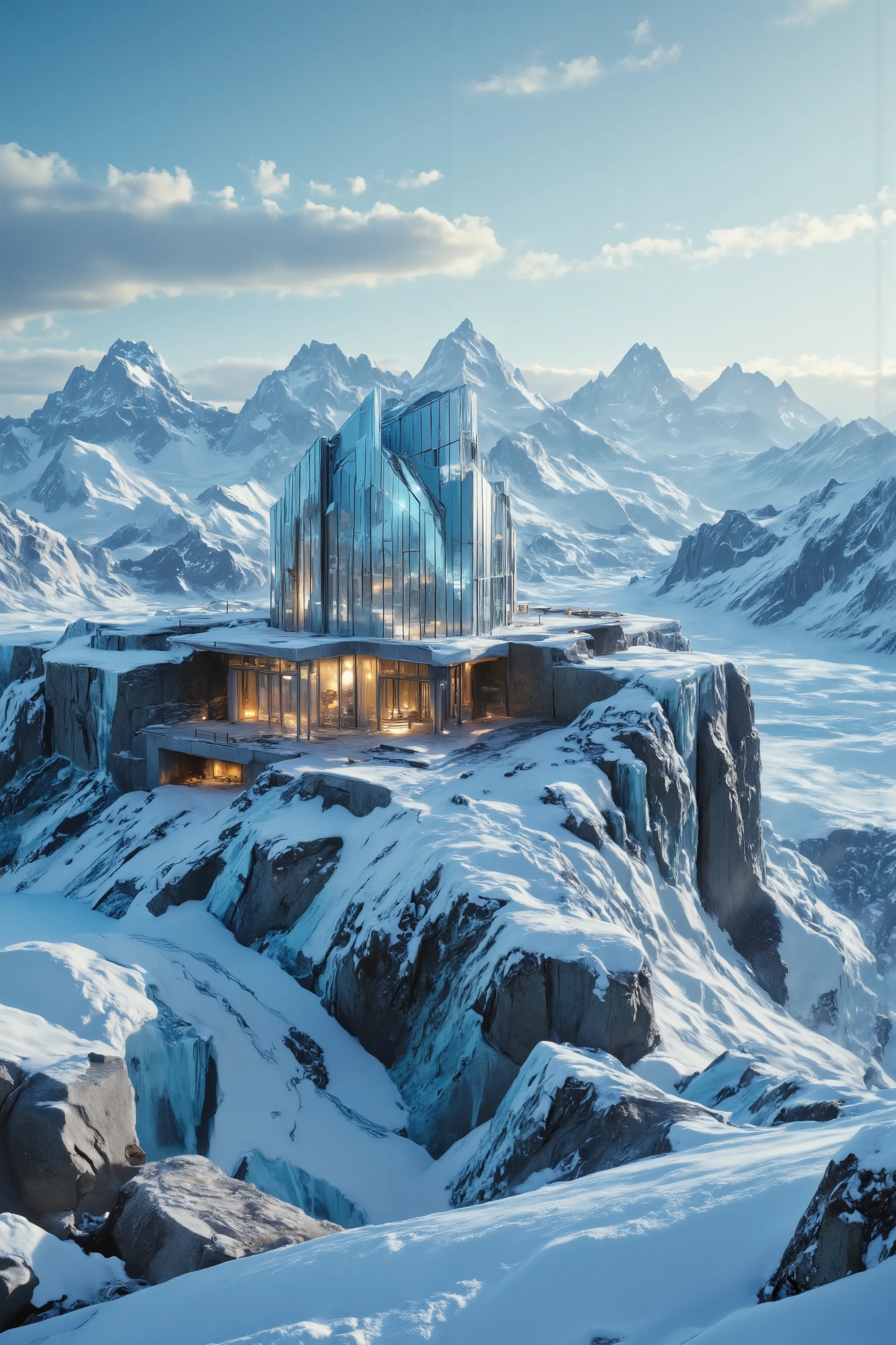 A crystalline-modern lodge built into the snowy base of a frozen cliff in a remote arctic valley. Inspired by the Fortress of Solitude, the design features clear-glass geometry, stone support, and vertical beams rising like glacier shards. Despite the cold...
