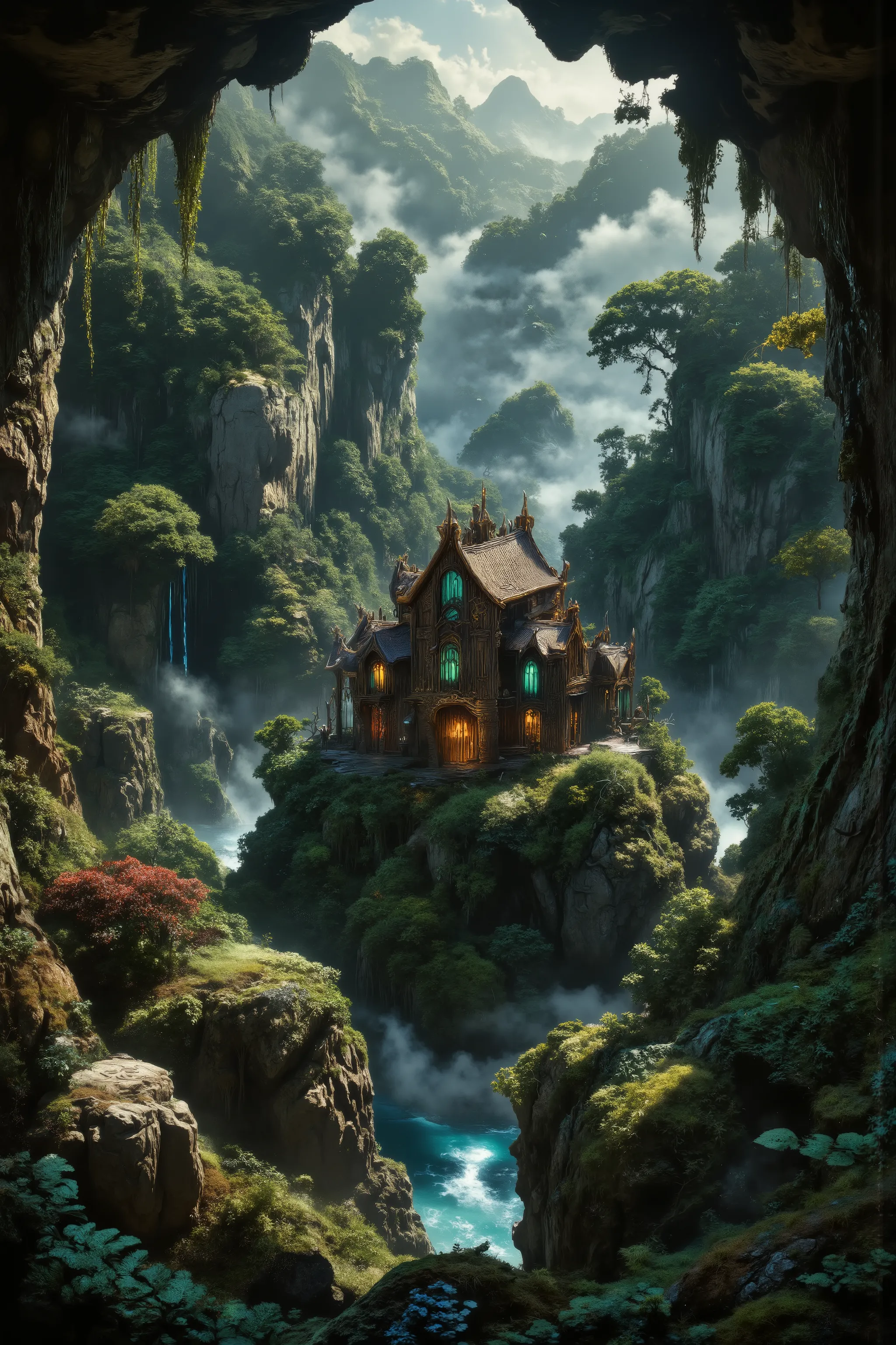 A mystical, rune-etched fortress nestled into the curved cliffs of a deep mossy ravine, partially hidden by overhanging rock and ancient trees. The house’s design blends Norse myth and elven elegance — sharp archways, golden detailing, green crystalline wi...