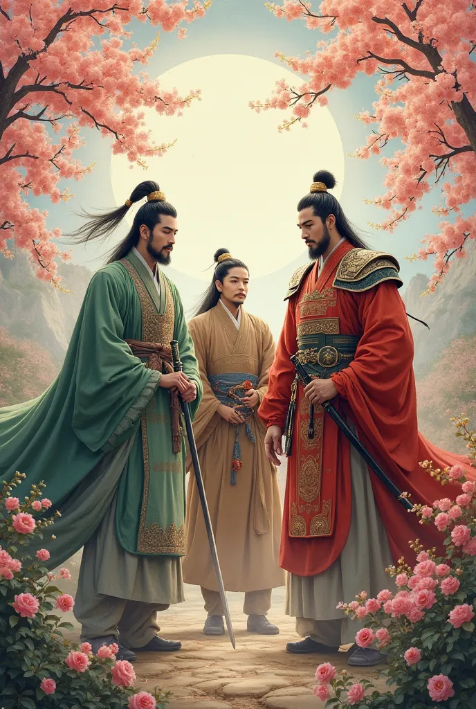 Chinese painting style, Guan Yu wearing a green hood, Liu Bei wearing a brown costume from the Han Dynasty, Zhang Fei in red armor, Guan Yu and Zhang Fei support Liu Bei,  Peach Blossoms Blooming , A bright spring day, The world of the Three Kingdoms