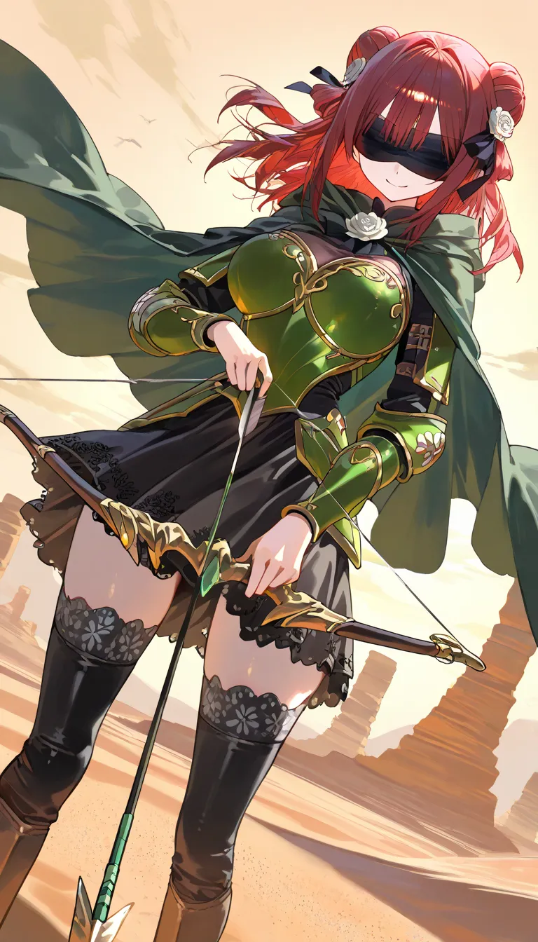 (beautiful girl : 1.3),1 girl,(Green Armor,black embroidered green cloak,White rose hair accessory,thigh,boots),Dark Red Hair,bun hair,Both blindfolded,smile,holding a bow and arrow, desert,stand,Green and black aura from a bow and arrow,active,Dynamic Angle,masterpiece,Highest Quality,rich contrasts,high image quality,8k,High Definition CG Unit Wallpaper,texture,Incredibly Absurd, RAW photos ,Deep Boundaries 1 .2,Very Detailed