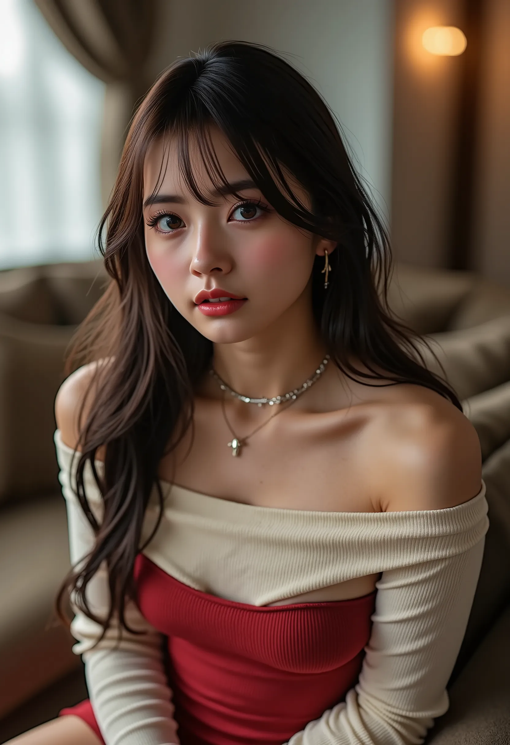 ((anatomically accurate human body structure)), ((photorealistic:1.5)), (NSFW), Highest Quality, masterpiece, Ultra High Definition, realistic, absurd, ((Very sexy pose)), ((Whitish off-white long, tight knit dress)), (1 person), ((very sexy and seductive ...