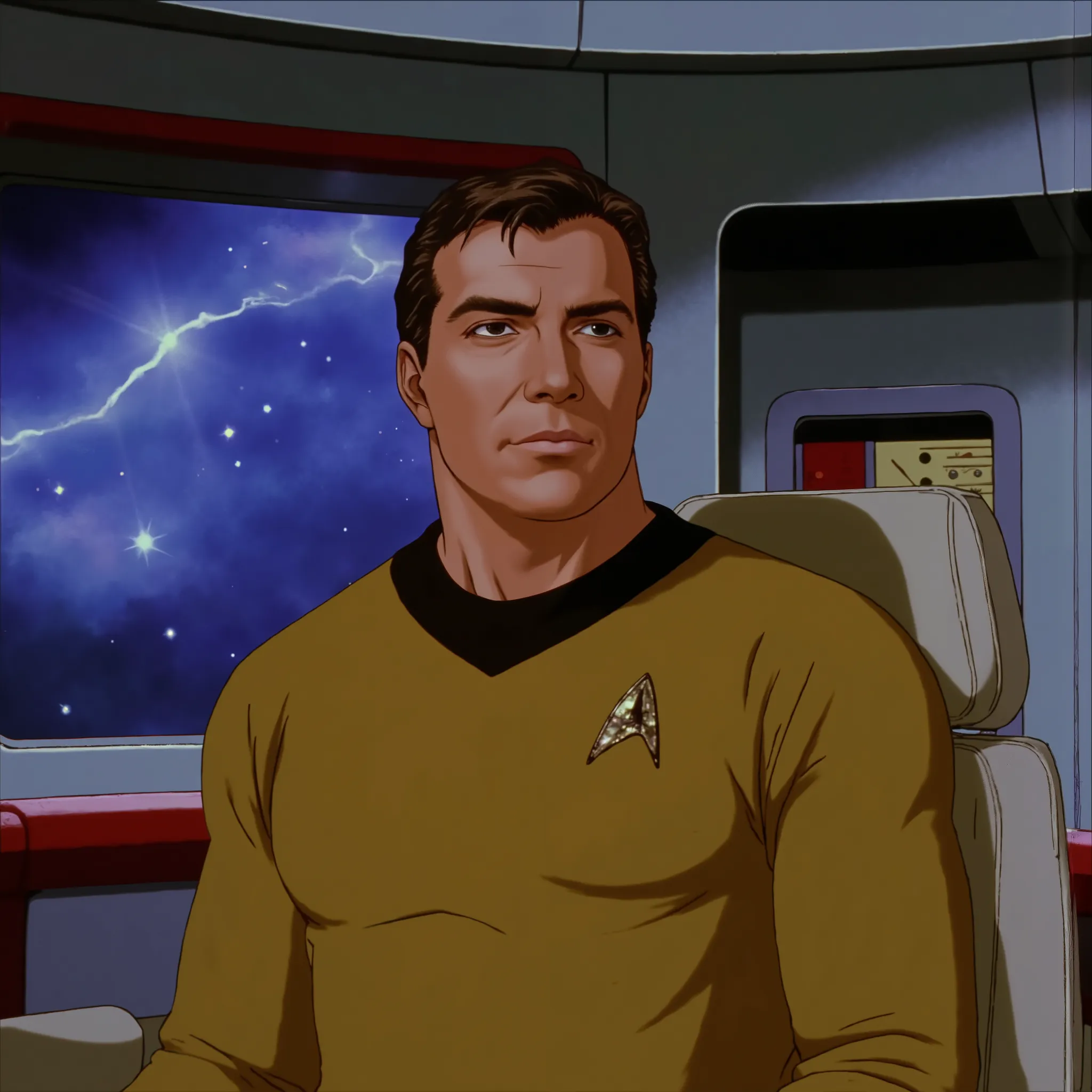 b3rs3rk breathtaking captain, james, tiberius, kirk, man, star, trek, 1boy , yellow star trek original series starfleet uniform,first enterprise background, captain chair . award-winning, professional, highly detailed.