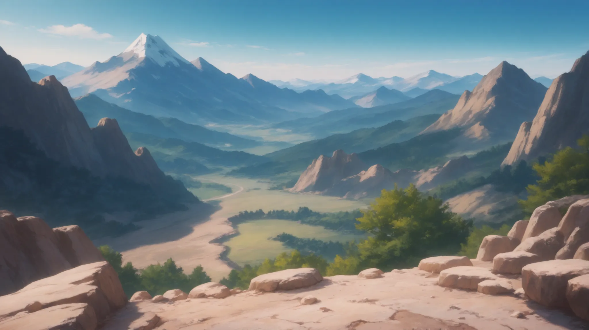 majestic mountain landscape, anime style, soft pastel colors, vast scenery, rocky terrain, clear sunny day, scenic background, atmospheric perspective, detailed environment, serene and expansive view