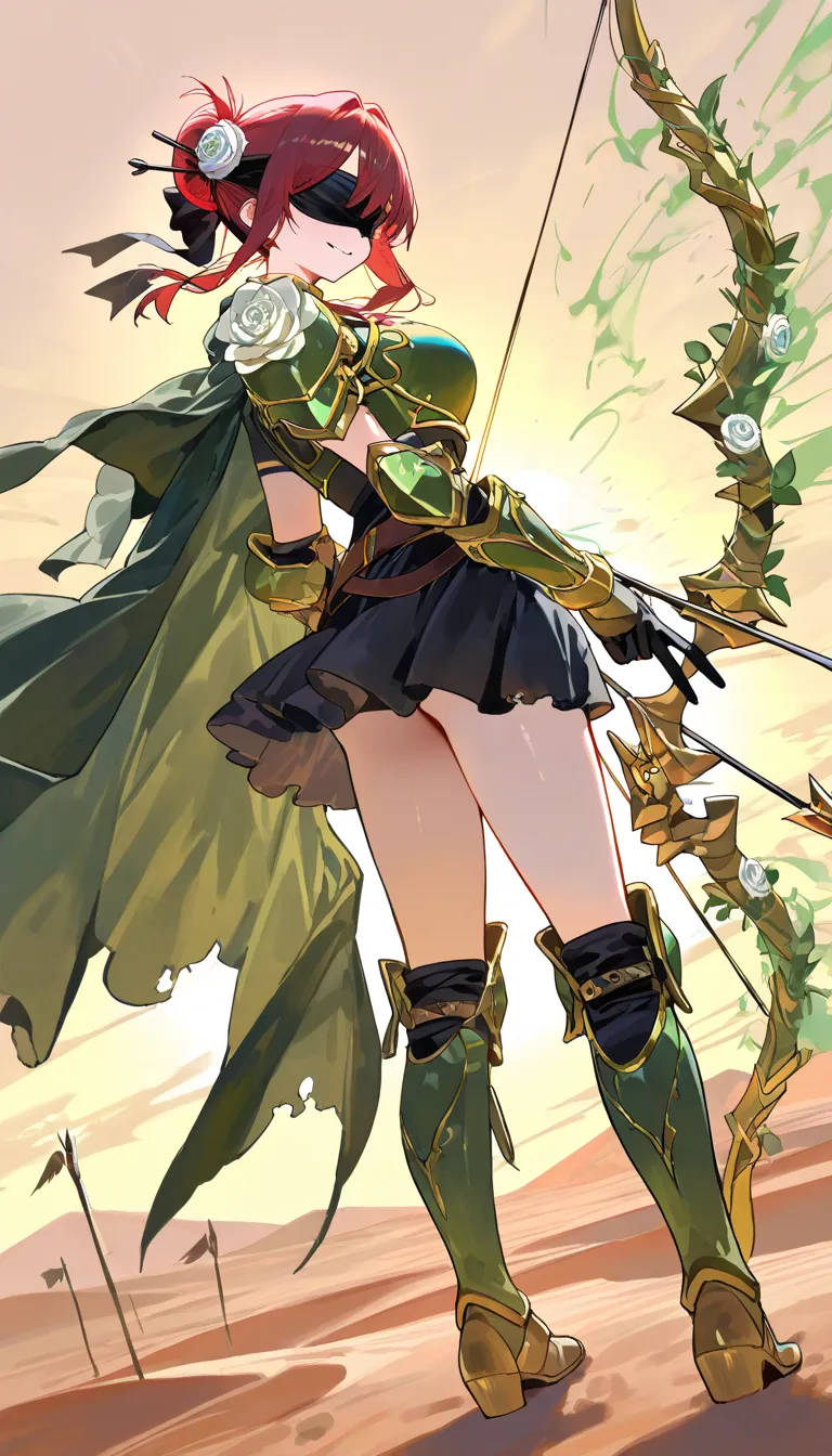 (beautiful girl : 1.3),1 girl,(Green Armor,black embroidered green cloak,White rose hair accessory,thigh,boots),Dark Red Hair,bun hair,Both blindfolded,smile,holding a bow and arrow, desert,stand,Green and black aura from a bow and arrow,active,Dynamic Angle,masterpiece,Highest Quality,rich contrasts,high image quality,8k,High Definition CG Unit Wallpaper,texture,Incredibly Absurd, RAW photos ,Deep Boundaries 1 .2,Very Detailed