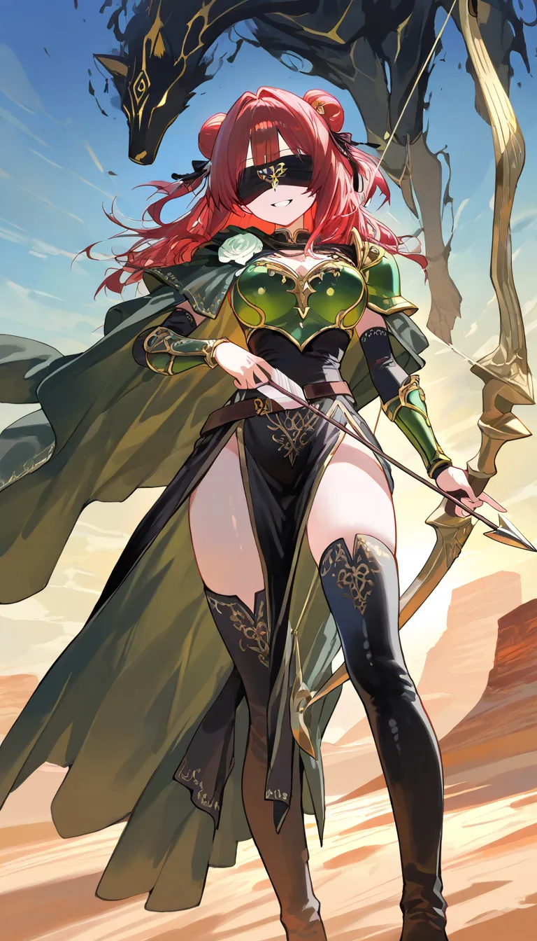 (beautiful girl : 1.3),1 girl,(Green Armor,black embroidered green cloak,White rose hair accessory,thigh,boots),Dark Red Hair,bun hair,Both blindfolded,smile,holding a bow and arrow, desert,stand,Green and black aura from a bow and arrow,active,Dynamic Angle,masterpiece,Highest Quality,rich contrasts,high image quality,8k,High Definition CG Unit Wallpaper,texture,Incredibly Absurd, RAW photos ,Deep Boundaries 1 .2,Very Detailed