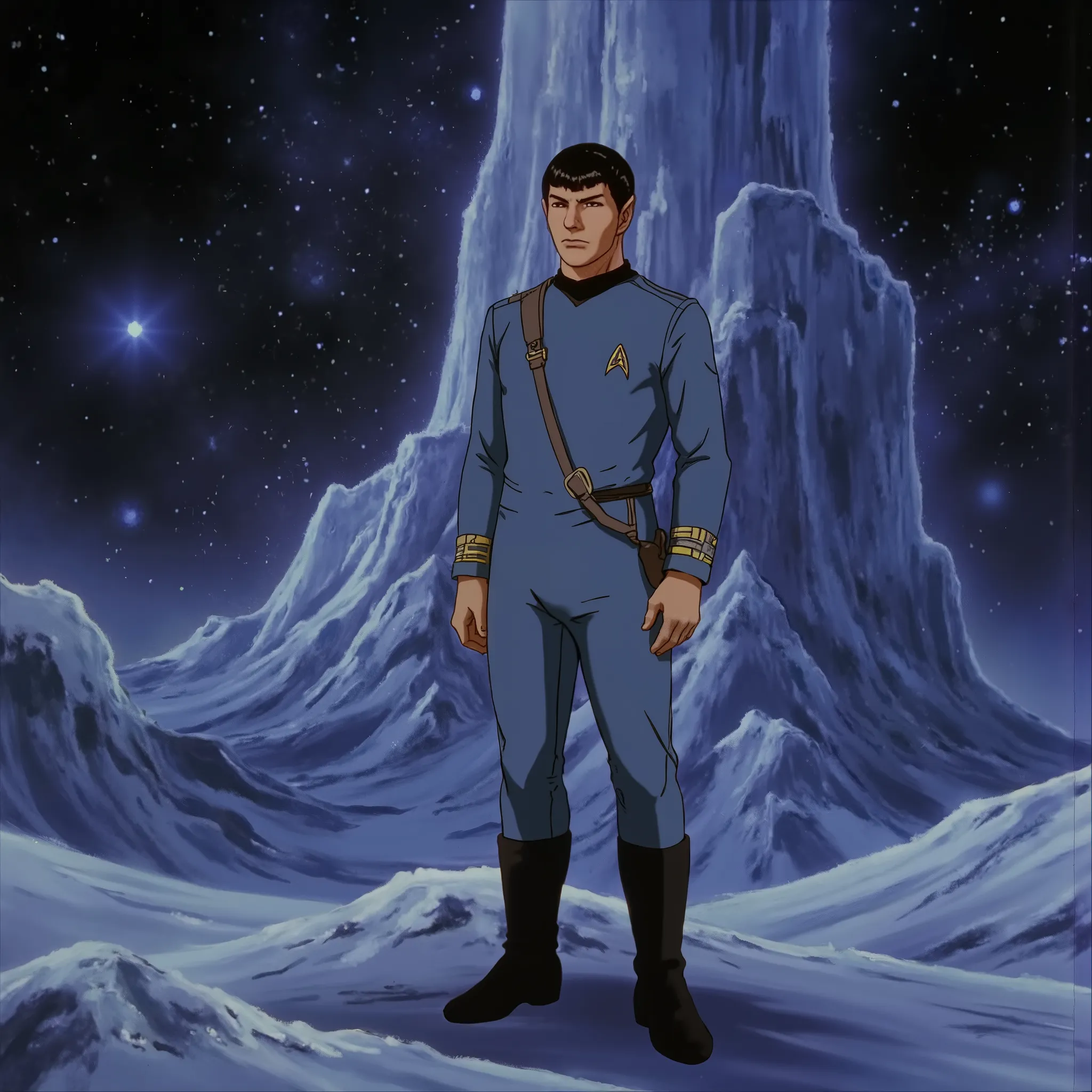 b3rs3rk Spock in Star Trek: The Next Generation, wearing a blue shirt and standing in front of a space background.
