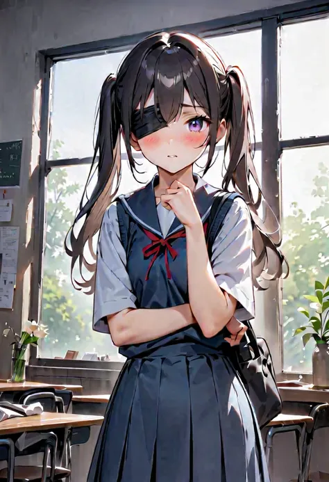 Blindfolded with packing tape、masterpiece、best quality、ultra-detail、close up、dynamic angle、Girl、girl、female、Women、Young girl、girl、short、Younger、lower grade、Baby Face、Japanese classroom on the left、school uniform、miniskirt、window、floor、blackboard、null、vase、chairs、machine、bag、twin tails、blush、is in trouble、hands tied with packing tape behind

