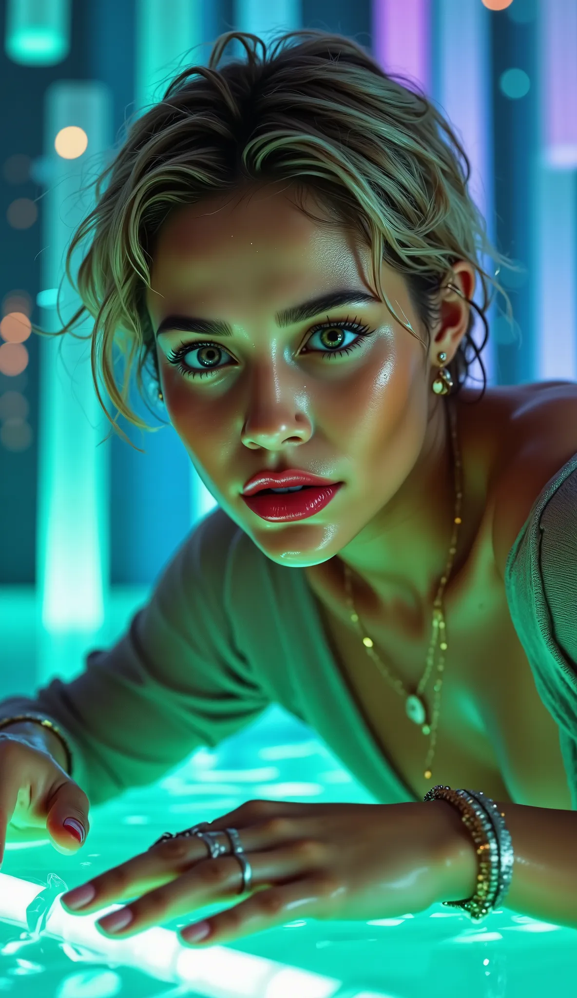 Realistic (photorealistic Realism), (high resolution), ((intricately detailed digital art)), professional photography a young woman, likely in her lates or early twenties, with short, blonde hair, is positioned mid-frame, lying on a glossy, teal-lit surfac...