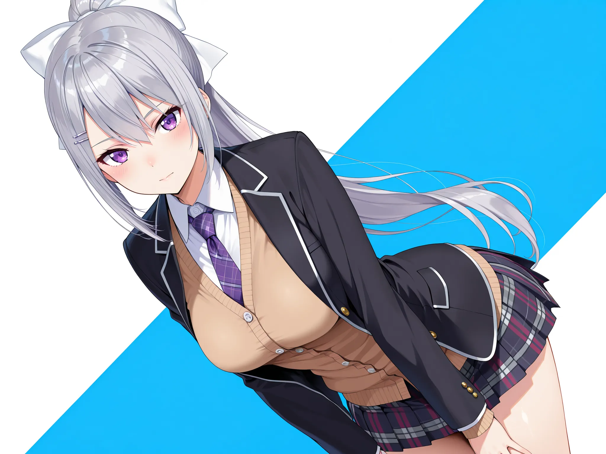 solo,masterpiece,best quality, amazing quality, highres, absurdres, very aesthetic, high resolution, ultra detailed, perfect details,nijikaede,purple eye,grey hair,long eyelashes,long hair,ponytail,white bow,hair pin,nijikaedecos,white shirt,purple necktie...