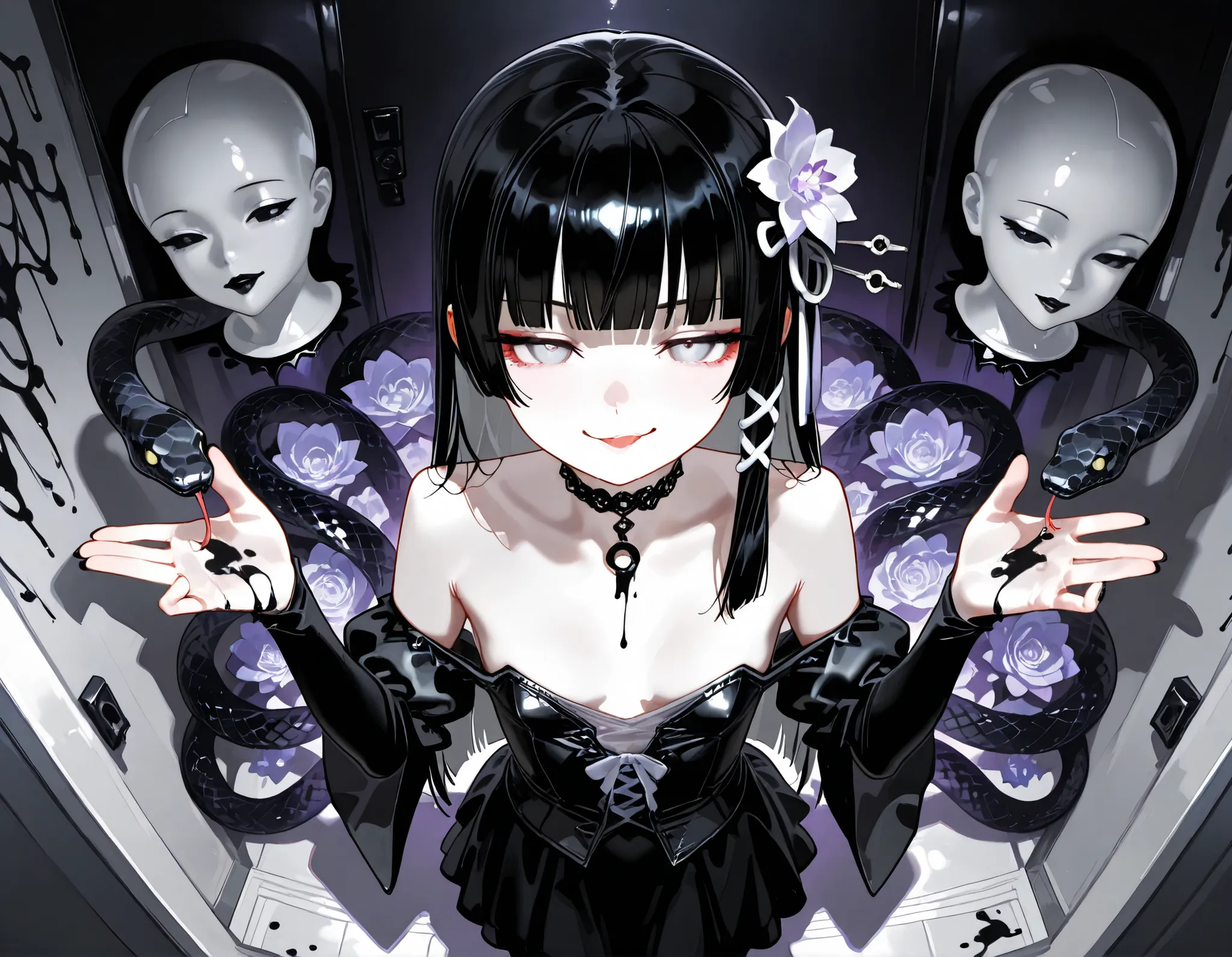 1girl, light lavender eyes, jitome(0.5), half Asymmetrical color hair(black and white), long straight hair, blunt bangs, flat Breast, goth clothes, black snake, black tantacles, flower pettern, Choker, black nail polish, dynamic view, masterpiece, best qua...