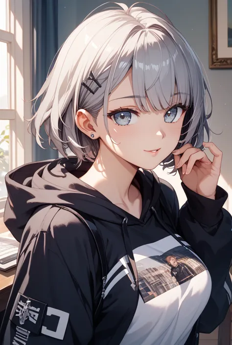 1 girl、Gray Hair、Wolfcut、black hoodie、miniskirt over GPT、 cool series、masterpiece、Highest Quality