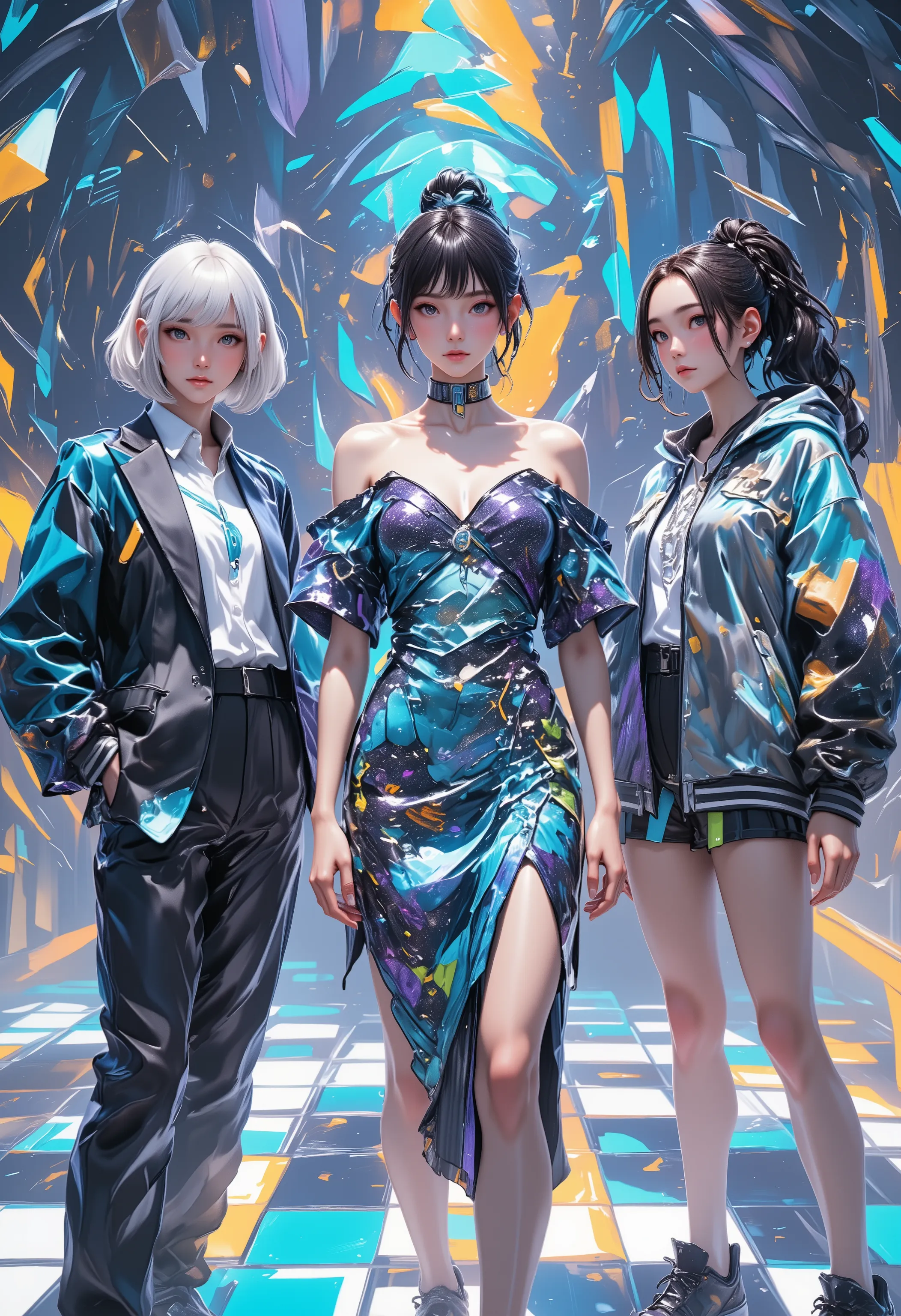 Three models in geometric formation, left: platinum bob hairstyle with deconstructed blazer combining matte leather and translucent TPU, fingertips tracing holographic molecular chains; center: high ponytail model in liquid metal dress frozen in mid-motion...
