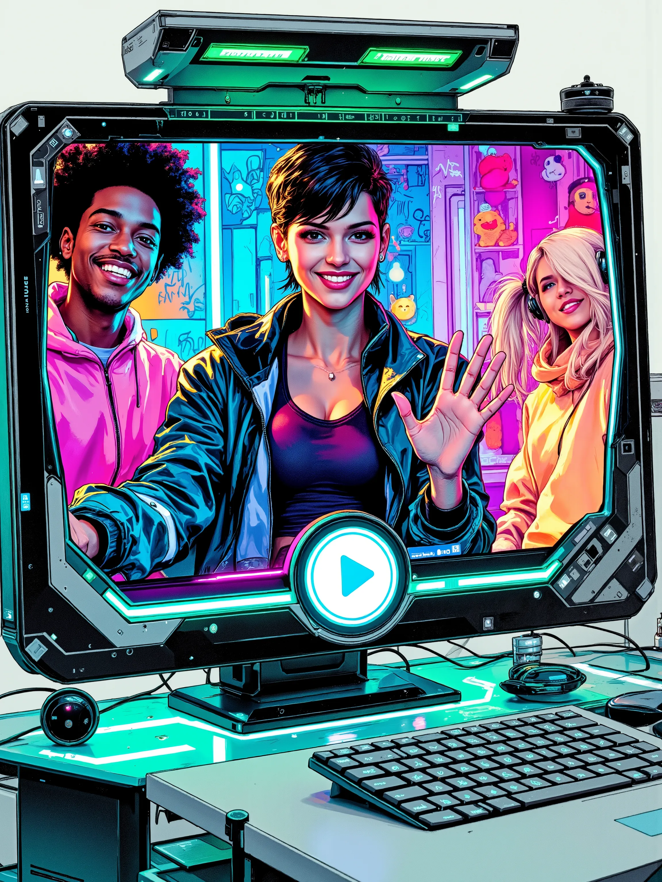 illustration in dynamic ink-and-brush style, three characters on a video call, seen from screen's point of view, all smiling and waving, light cyberpunk setting, expressive close framing, high-tech UI elements overlaying screen corners. main subject — youn...